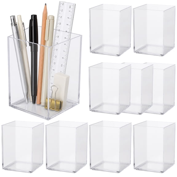 10 Pcs Clear Acrylic Pen Holders, Transparent Pencil Cups, Desktop Makeup Brush Organizer Cups, Stationery Organizers for Vanity, Bathroom, Office, Study Countertop, 2.6 x 2.6 x 3.5"