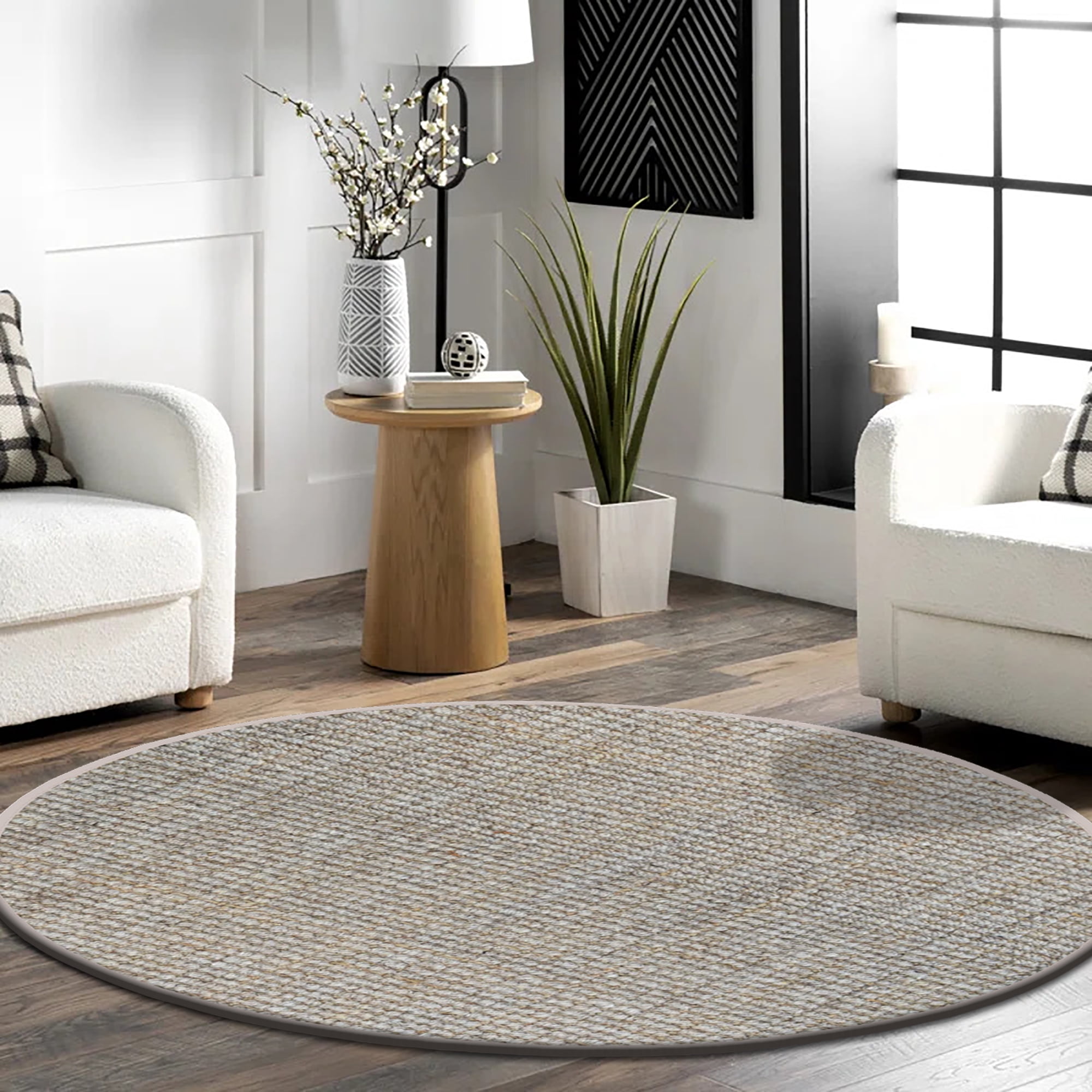 Delara Premium Handwoven Wool and Jute Area Rug, 6' Round, Natural Boucle, 0.25" Thick, Soft & Durable for Living Room, Bedroom, Entryway