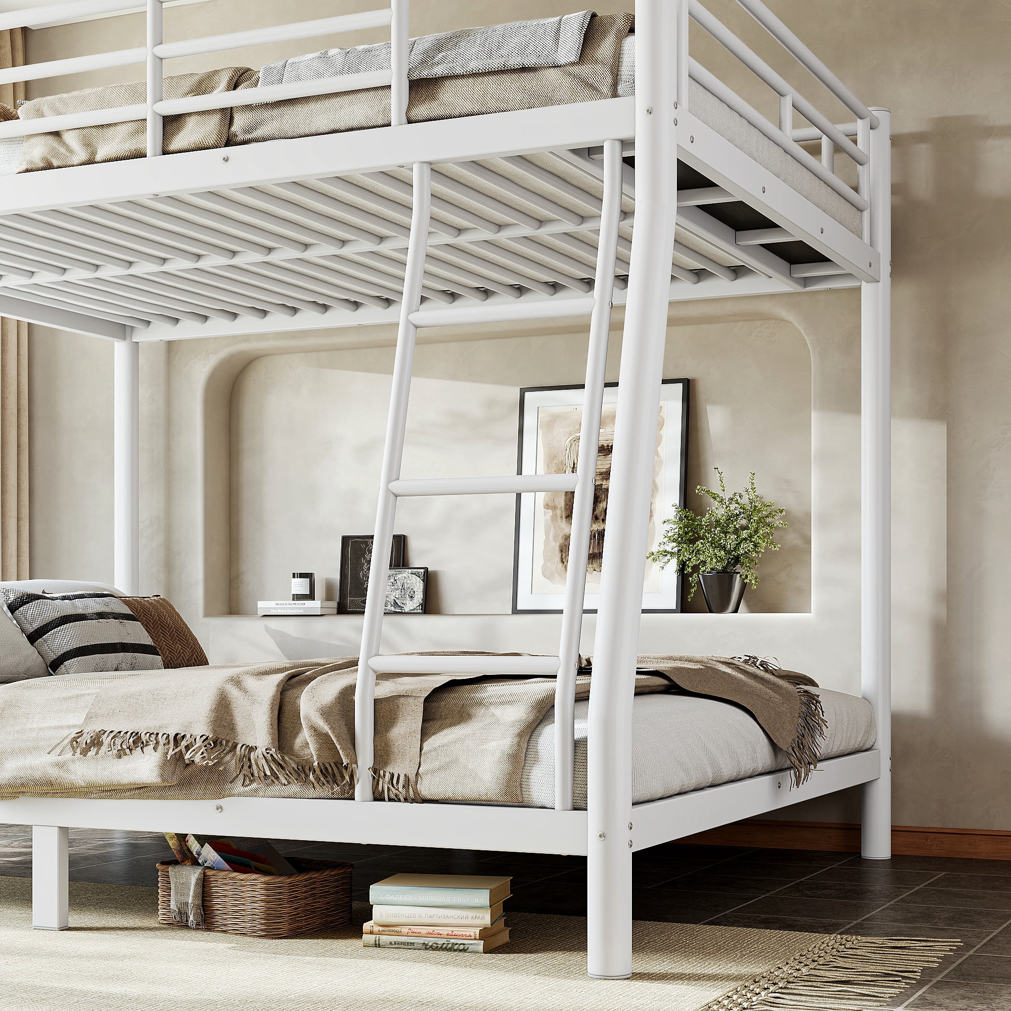 GARITIN Full XL Over Queen Size Metal Bunk Bed 82.4 Inch, Bunk Bed Frame with Ladder and Guardrails for Teens Adults, White