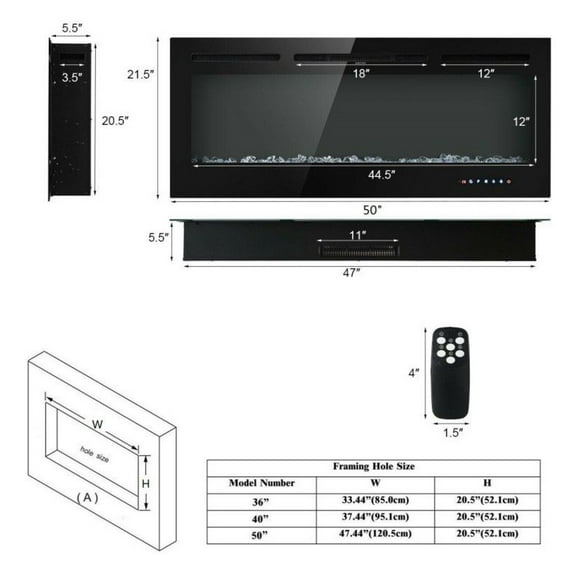50 Inch Electric Fireplace, Recessed & Wall Mounted, Adjustable Flame Color, 1500W Heater, LED, Remote Control, Black, 9 Flame Colors, Timer, Overheat Protection for Living Room