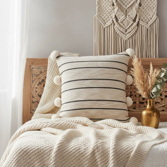 LR Home Ox Bay Hand-Woven Tan/Black Stripe Jute Cotton Blend Pillow Cover