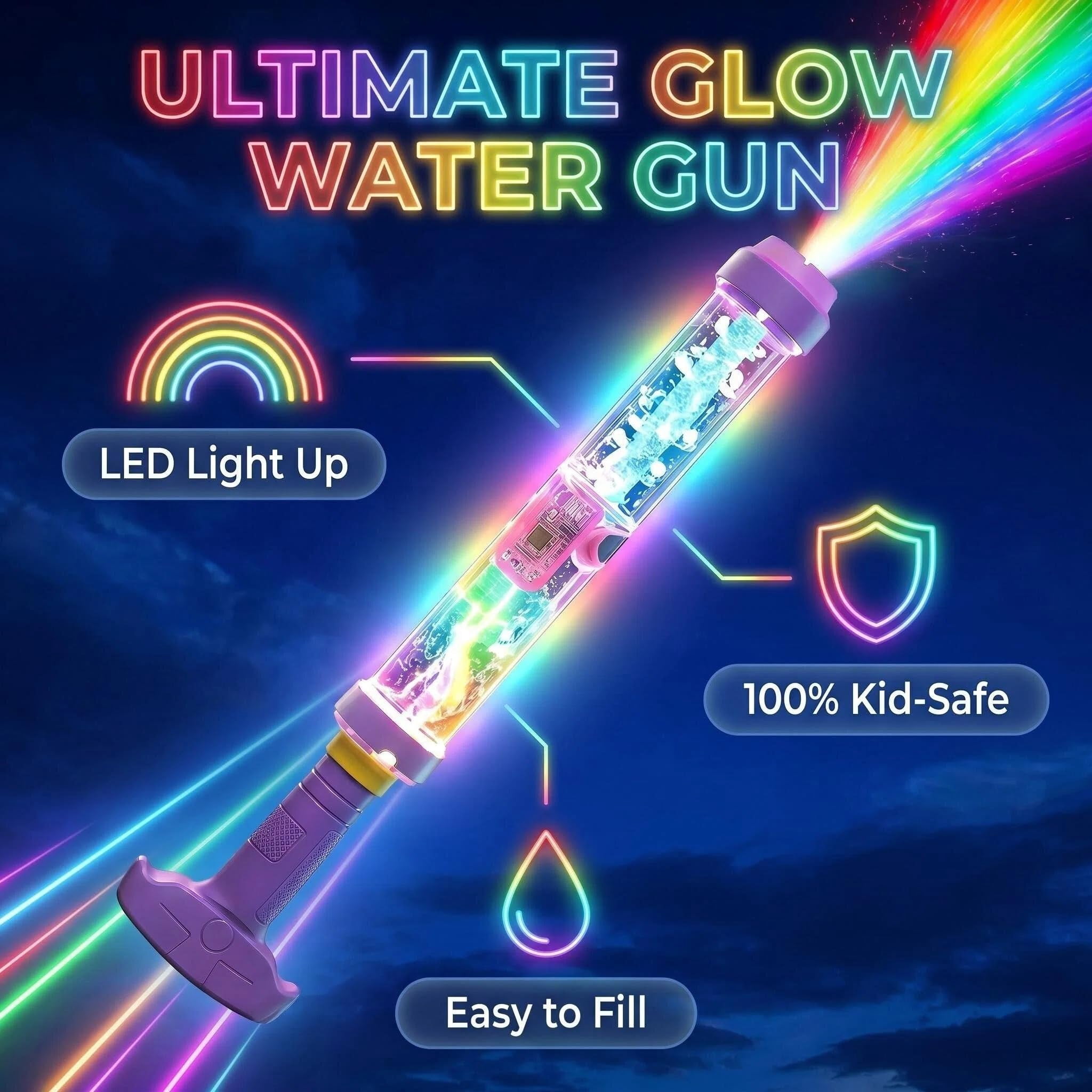 Glowing Rainbow LED Water Blaster, Rechargeable Water Gun with Colorful LED Spray for Pool, Beach & Backyard Summer Water Battles