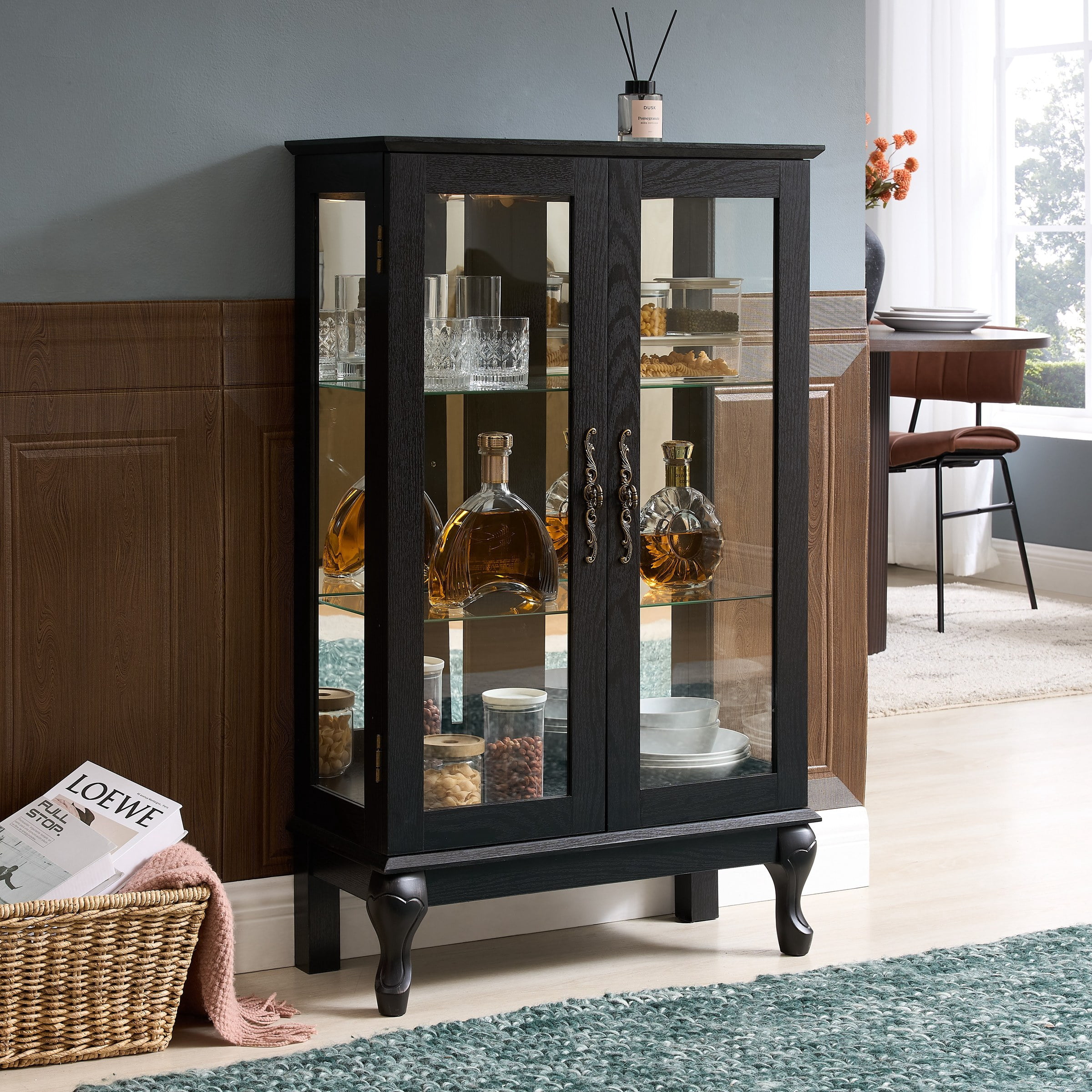 Curio Cabinet with Tempered Glass Doors, Lighted Display Cabinet with Mirrored Back Panel & Adjustable Shelves, Black