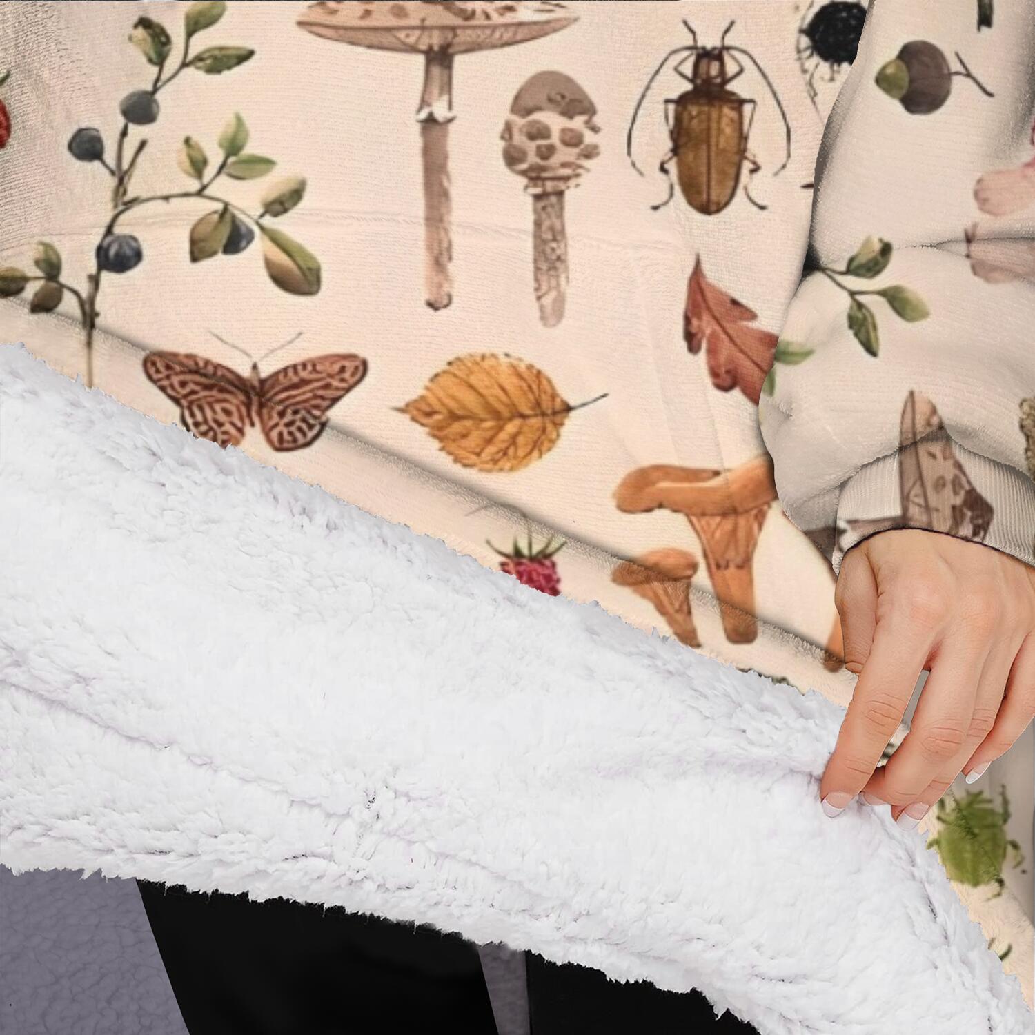 Oversized Wearable Blanket Hoodie,Red Mushroom Insect Light Pattern Sherpa Blanket Hoodie with Super Pockets,Super Warm Fuzzy Pullover for Women & Men