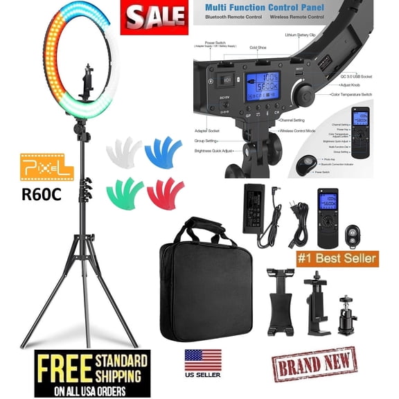 Pixel 19 inch Ring Light Kit Professional Ring Light with Remote Controller and Stand iPad Holder,60W Bi-Color with 4 Color Soft Filters for Live Stream/Makeup/YouTube Video/TikTok/Zoom/Photo
