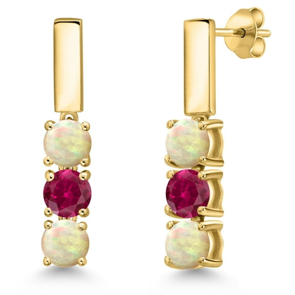 Gem Stone King 18K Yellow Gold Plated Silver White Ethiopian Opal and Red Created Ruby Drop Dangle Earrings for Women | 1.20 Cttw | Gemstone October Birthstone | Round Cabochon 5MM