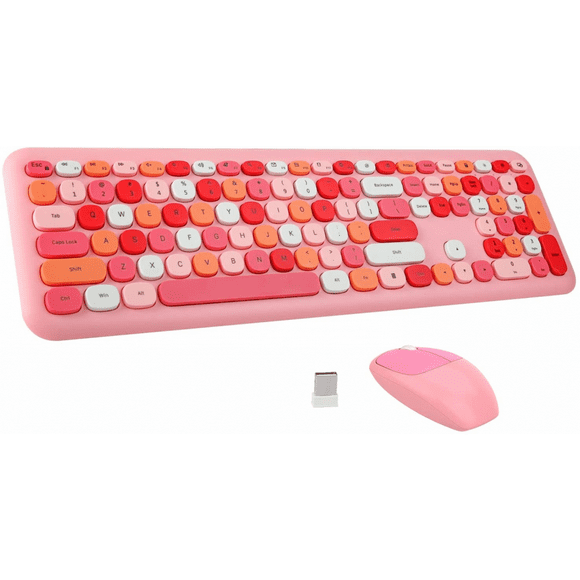 Wireless Keyboard Mouse Combo, 2.4GHz USB Pink Keyboard with 112 Colorful Round Retro Style Key, Letton Office Computer Wireless Silent Keyboard and Wireless Cute Mouse for Mac PC Laptop ST-001