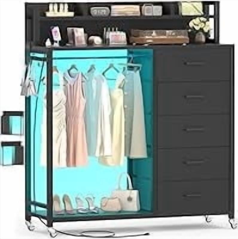 Aheaplus Dresser for Bedroom with Clothes Rack & Shelves, 5 Drawers Dresser with Charging Station & LED Lights, Chest of Drawers with Lockable Wheels, Storage Shelves, Bedroom, Entryway,Black