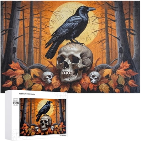 Raven Bird & Skeleton Vintage Wood Sign Happy Halloween Decor Halloween Decorations 1000 PCS Wood Puzzles for Adults 30.7 x20.8