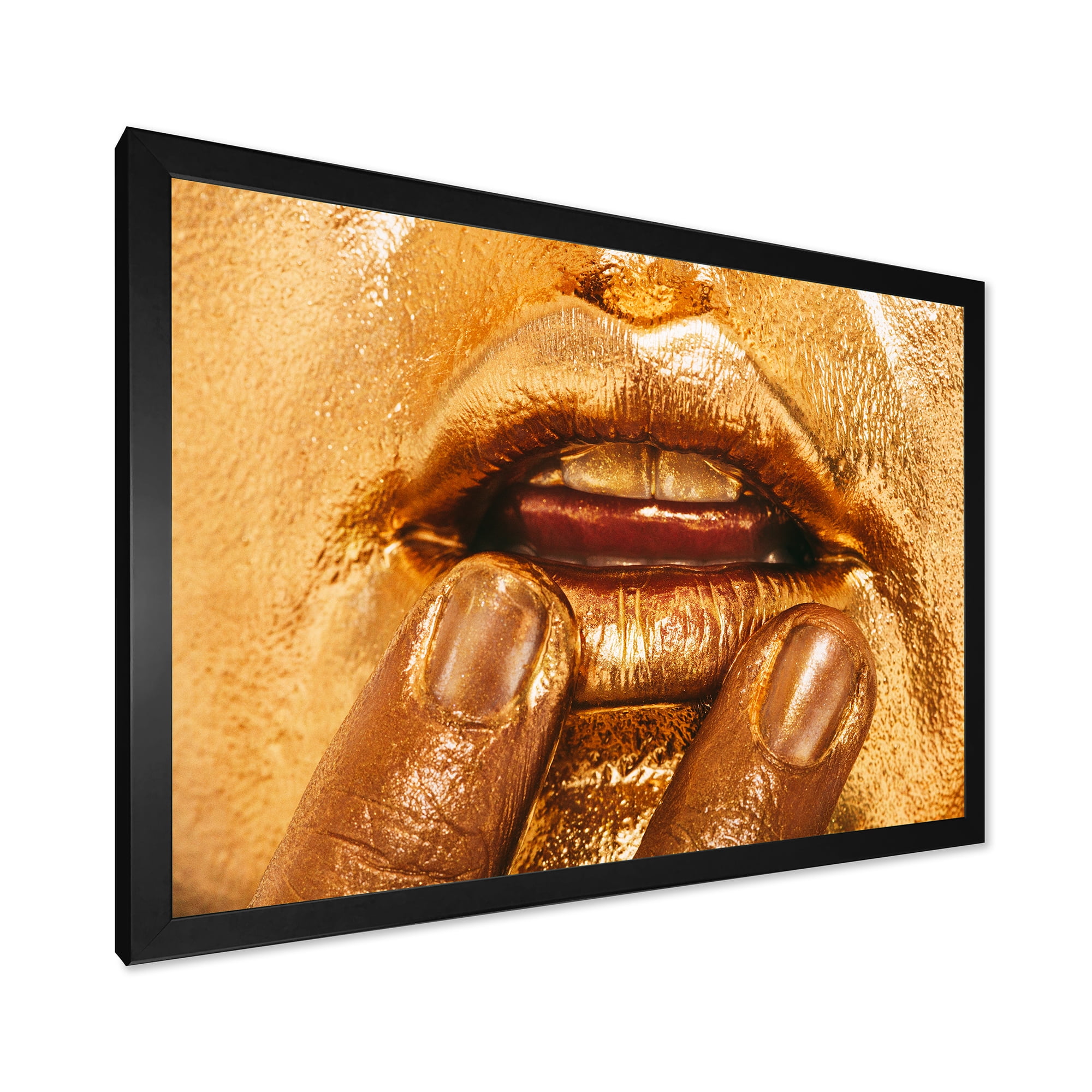 Designart 'Close Up Of Female Lips With Bright Golden Makeup i' Modern Framed Art Print