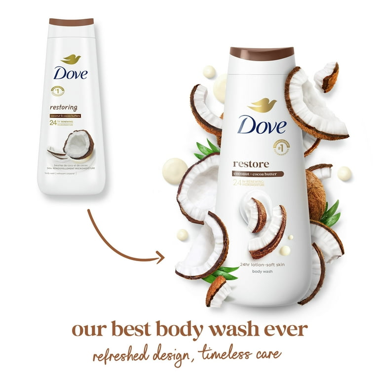 Dove Restoring Long Lasting Gentle Women's Body Wash Twin Pack, Coconut and Cocoa Butter, 20 fl oz