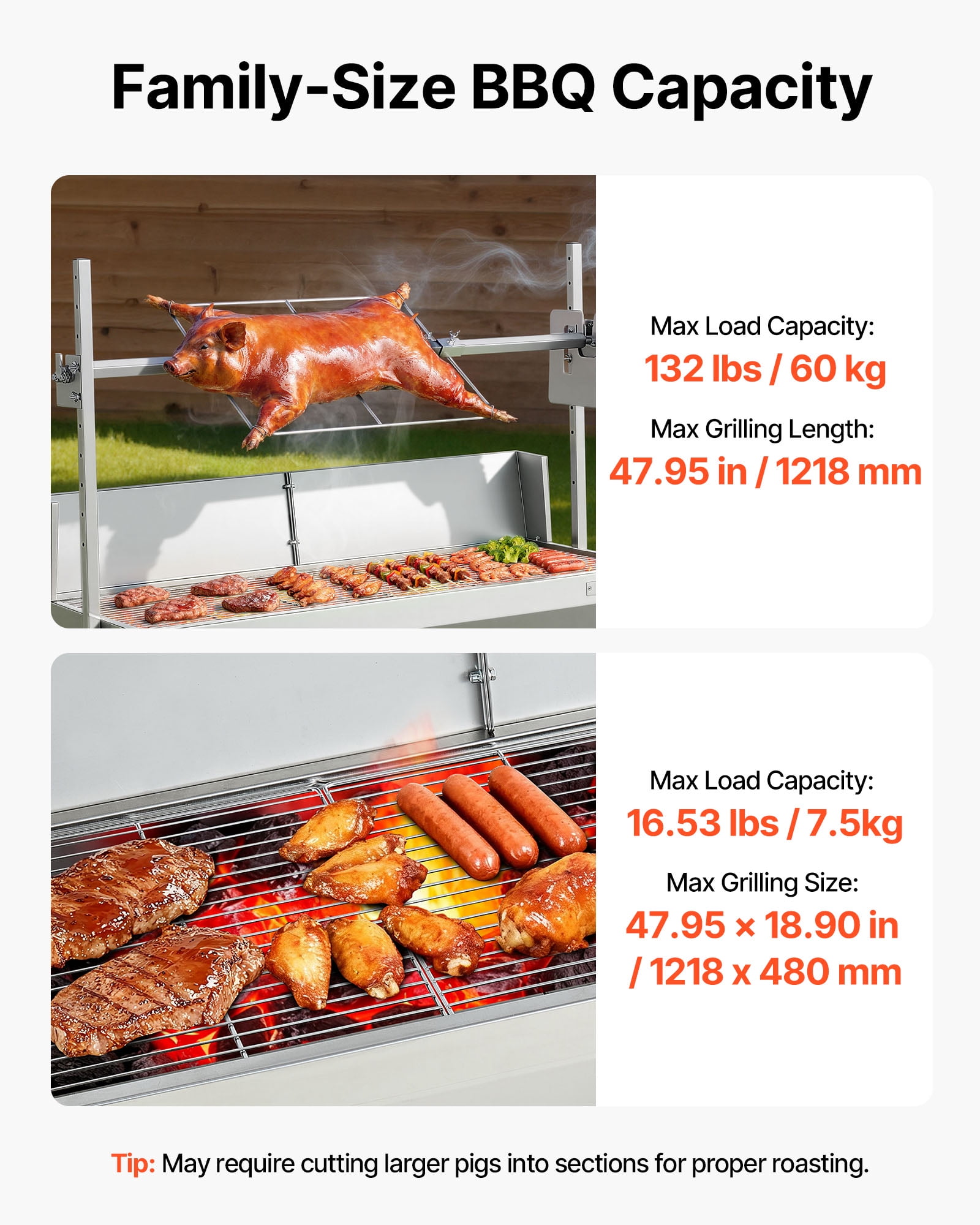 VEVOR Rotisserie Grill, 38W BBQ Outdoor Pig & Lamb Spit Roaster, Charcoal Spit Roaster with 132 LBS Capacity, Wheels & 4-Level Height,Stainless Steel Electric Rotisserie Grill Kit for Camping Outdoor