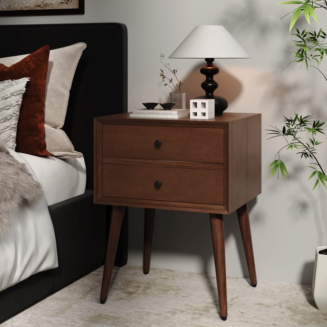 Noble House Mid-Century Nightstand with 2 Drawers, Solid Pine Wood, Brown
