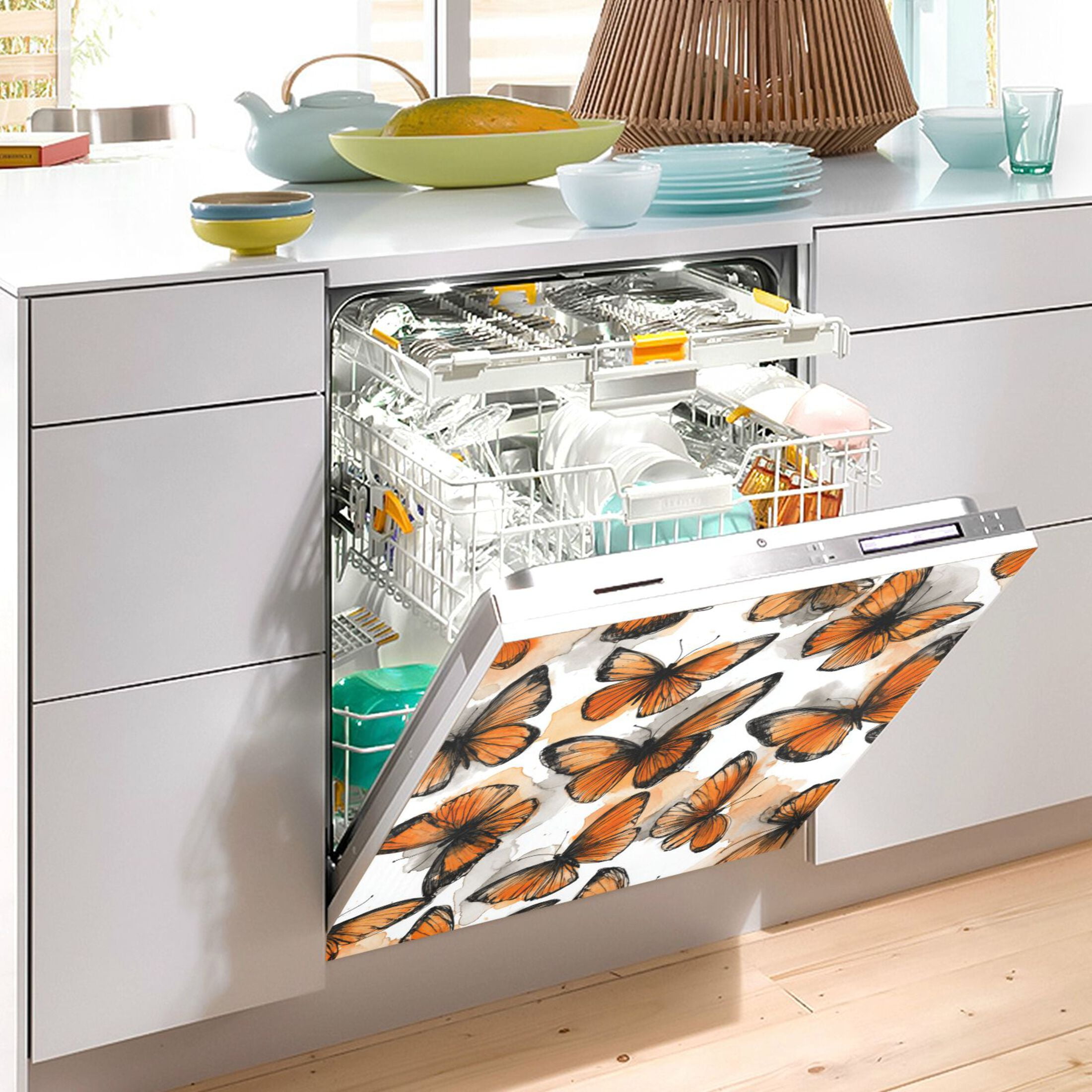 Dishwasher Magnetic Refrigerator Magnet Cover Sticker Home Decorative 23"x26" Orange Sketch Butterfly Pattern