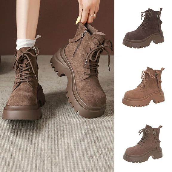 Miluxas Women's Platform Boots Heel Ankle Boots Casual Lace up Lug Sole Non-Slip Motorcycle Boots Khaki 7.5(40)