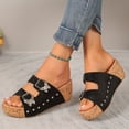 thumbnail image 3 of Women's Platform Sandals Cork Footbed Wedges Heels Slip on Slides Fashion Butterfly Buckle Strap Comfy Arch Suppport Summer Beach Vacation Dress Shoes Black Size 6.5, 3 of 5