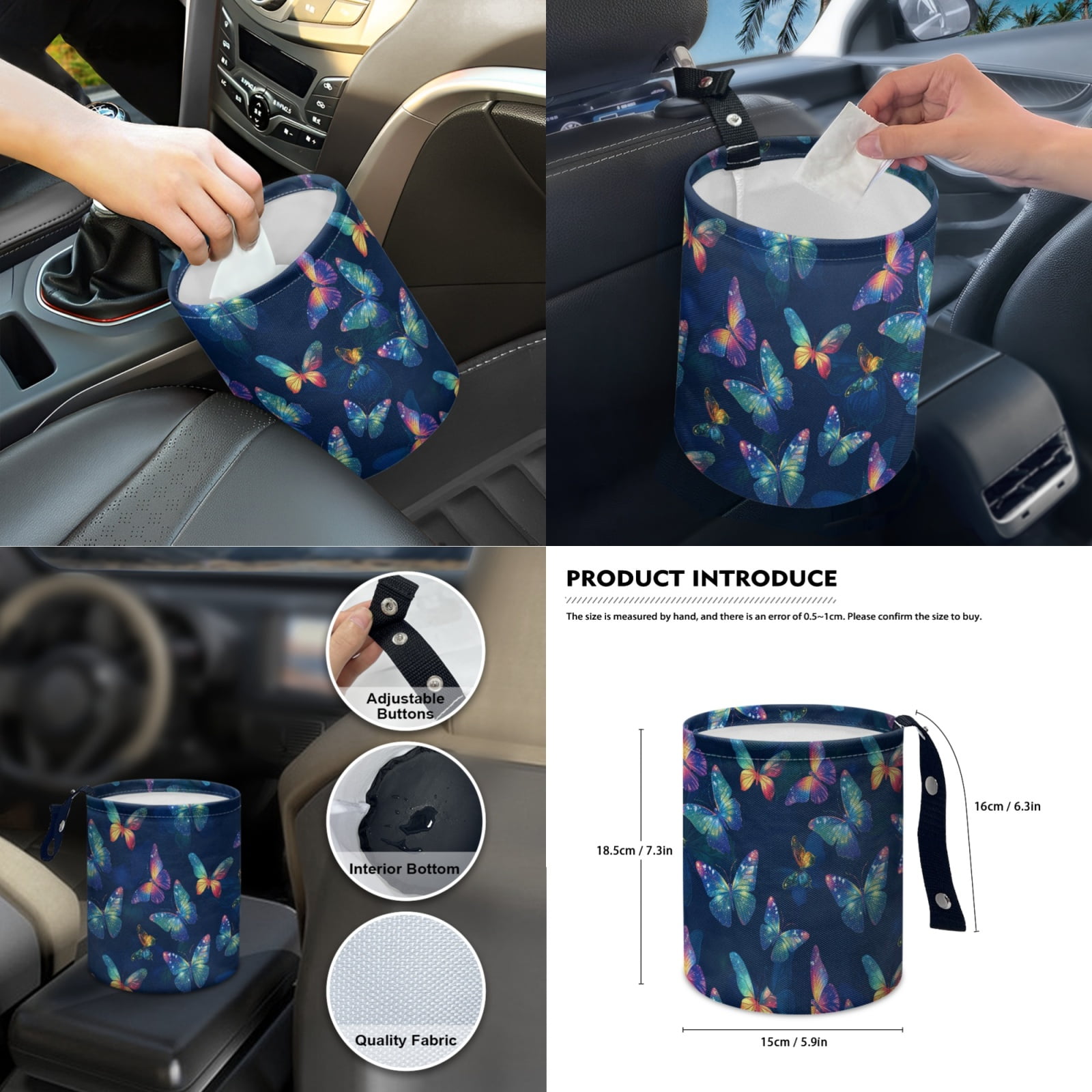 Renewold Butterfly Car Seat Cover Set 14 Pack with Steering Wheel Seat Belt Strap Gear Shift Knob Cover Set Garbage Bin Armrest Pad Rearview Mirror Coasters Universal Fit SUV Sedans, Dark Blue