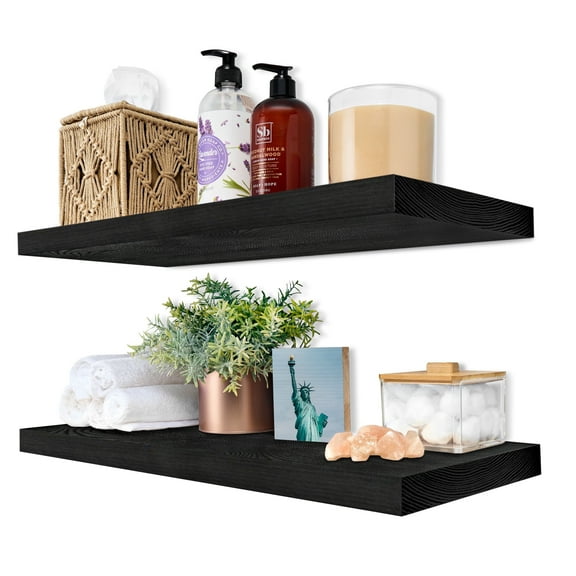 Sorbus Wood Floating Shelves for Wall - 24” Solid Wood Wall Shelves for Bathroom Decor, Books, Bedroom & Living Room - Set of 2 Wall Mounted Kitchen Shelves - Durable 100% Premium Solid Pine