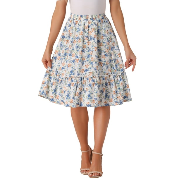 Faldas de mujer Inspire Chic con cintura elástica, en línea A, con volantes en capas, florales, midi, azul y blanco, talla L