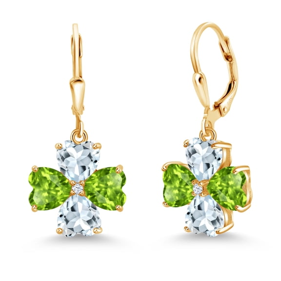 Gem Stone King 18K Yellow Gold Plated Silver Green Peridot and Sky Blue Aquamarine Dangle Earrings for Women (6.00 Cttw, Gemstone August Birthstone, Heart Shape 6MM)