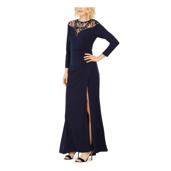ADRIANNA PAPELL Womens Navy Lace Side Slit 3/4 Sleeve Crew Neck Maxi Formal Fit   Flare Dress 8