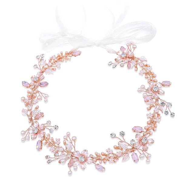 Ammei Tocado de Novia Tocado de Boda de Oro Rosa Diadema con diseño de Hojas de Flores Enredadera para el Cabello con Perlas y Diamantes de imitación