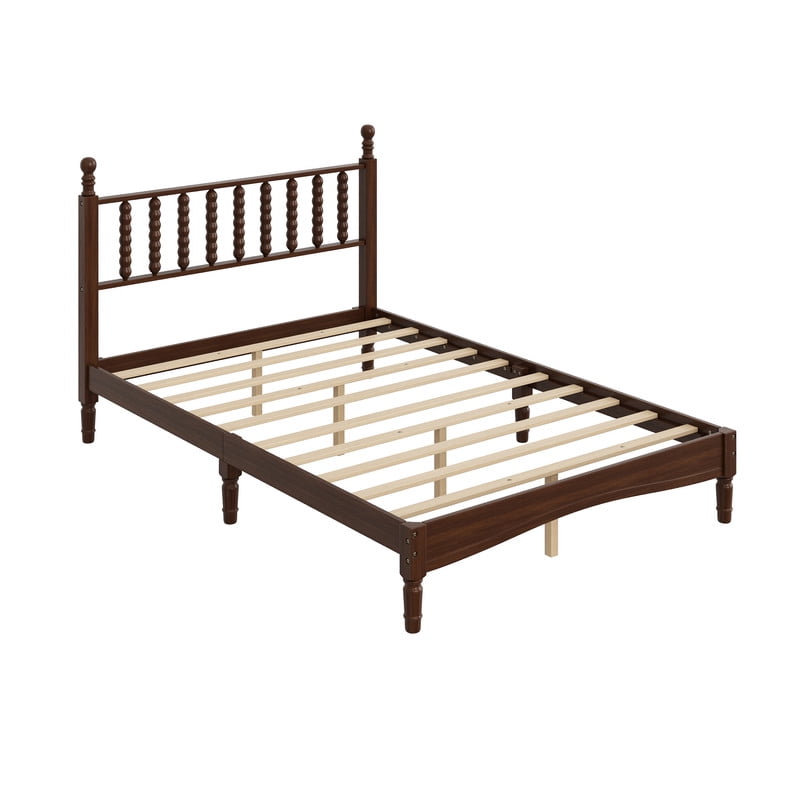 Mid-Century Modern Full Size Wood Platform Bed with Gourd Shaped Headboard, Retro Style Low Profile Bed Frame with Slats Support