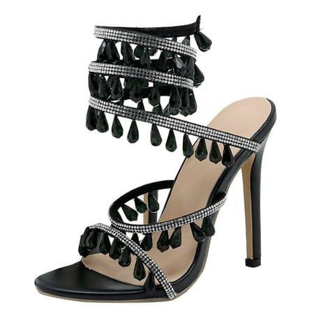 

GWAABD Pretty Sandals for Women Summer Sandalias Rhinestone Ankle Wrapping Women Stiletto Heel Sandals Wedding Shoes Banquet Shoes Strap Heels for Women