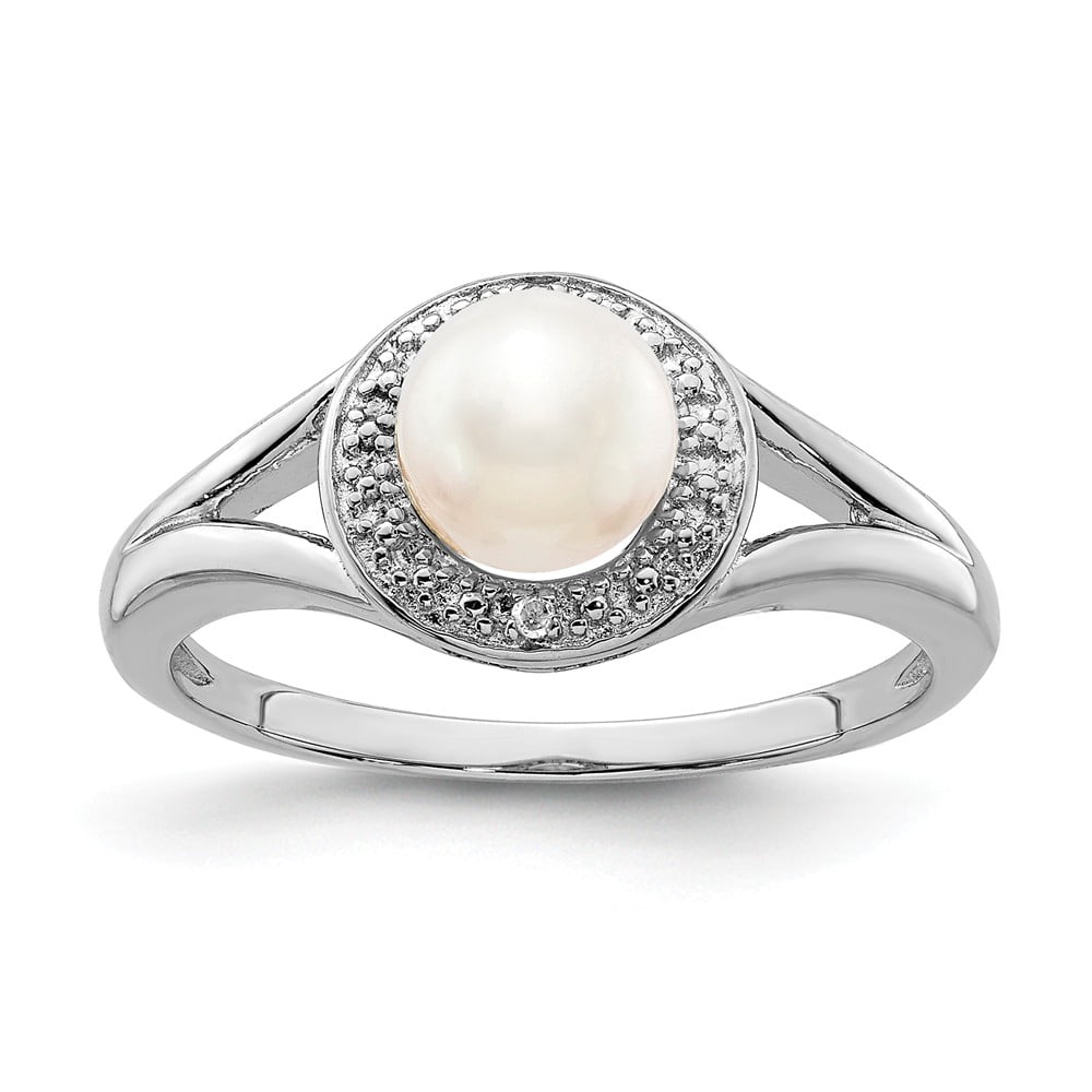 Ring Birthstone Sterling Silver 2 MM Diamond and FW Cultured Pearl