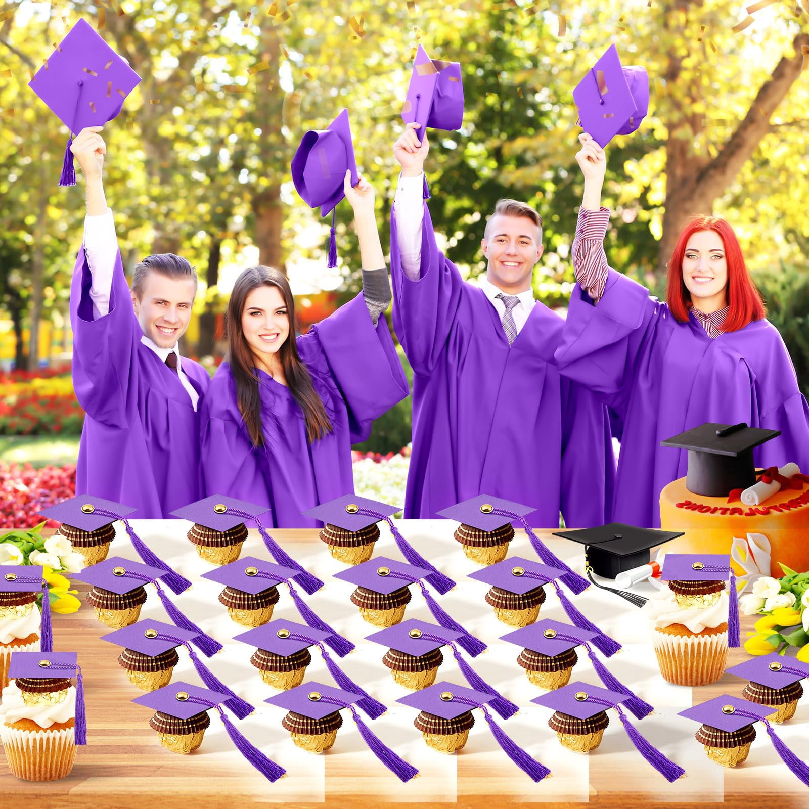 50 Purple Graduation Cap Cupcake Toppers Chocolate Mini Decor for Theme Parties