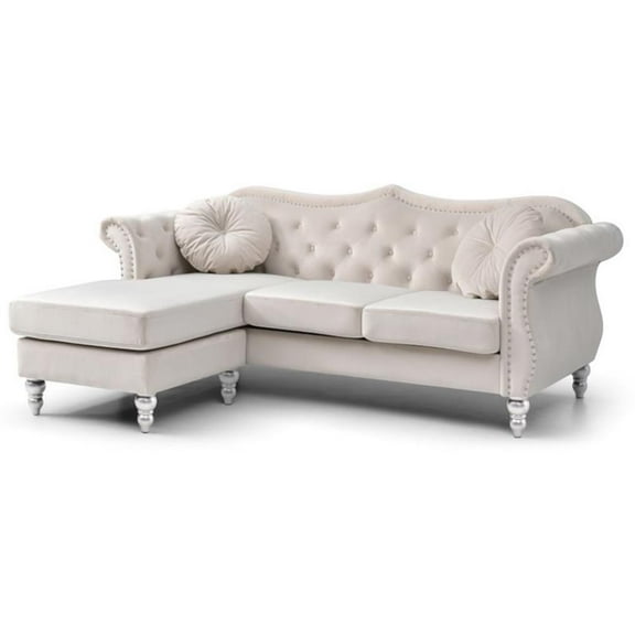 Maklaine Transitional Tufted Velvet Sofa Chaise in Ivory Finish