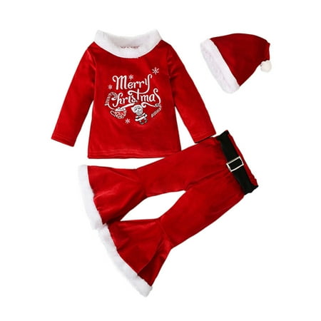 

Toddler Girl 3Pcs Christmas Bell Bottoms Outfit Long Sleeve Sweatshirt+Velvet Flare Pants+Hat Winter Clothes