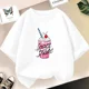 thumbnail image 3 of Camiseta de algodón con dibujos animados de batido de fresa para niñas, linda camiseta rosa con gráficos de manga corta para niños, ropa para bebés, 3 of 5