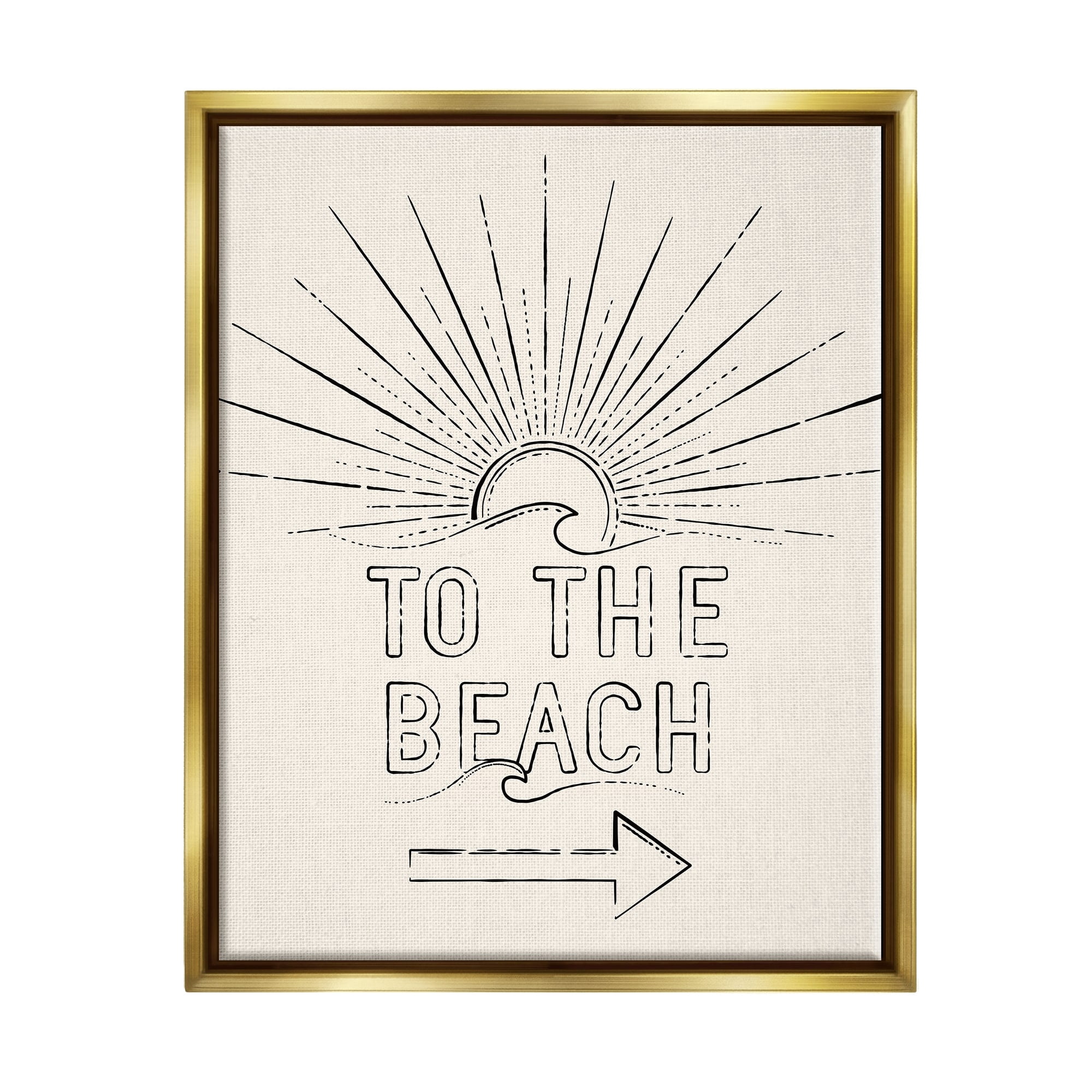 Stupell Industries To The Beach Weathered Vintage Sun Horizon Typography Graphic Art Metallic Gold Floating Framed Canvas Print Wall Art, Design by JJ Design House LLC