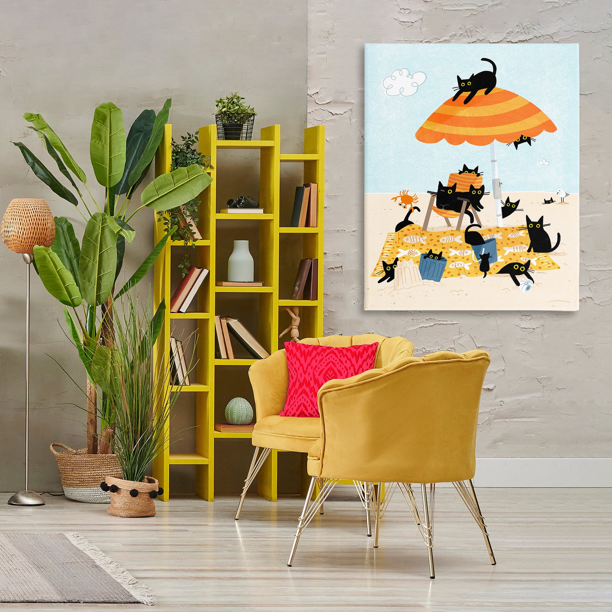 Stupell Industries Black Cat Beach Day Animals Painting Wrapped Canvas Art Print Wall Art, 36 x 48