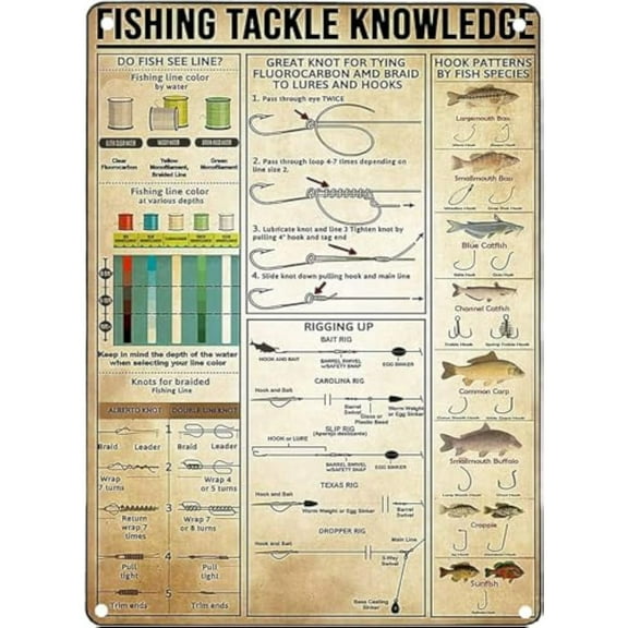 Fishing Tackle Knowledge Metal Tin Sign Vintage Hook Patterns by Fish Species Retro Home Bedroom Poster Bar Club Bathroom Wall Decor Poster Paintingch,8X12Inch