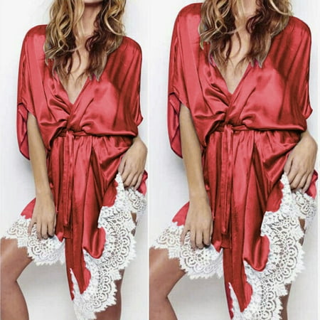 

XIAOFFENN Nightgown Women Lace Silk Long Sleeve Pajamas Sleepwear Robe With Belt Bathrobe 10 Red