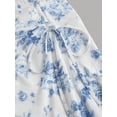 thumbnail image 3 of Blue And White Vintage Floral Print Asymmetrical Hem Ruched Waist Flowy Skirt For Women, 3 of 6