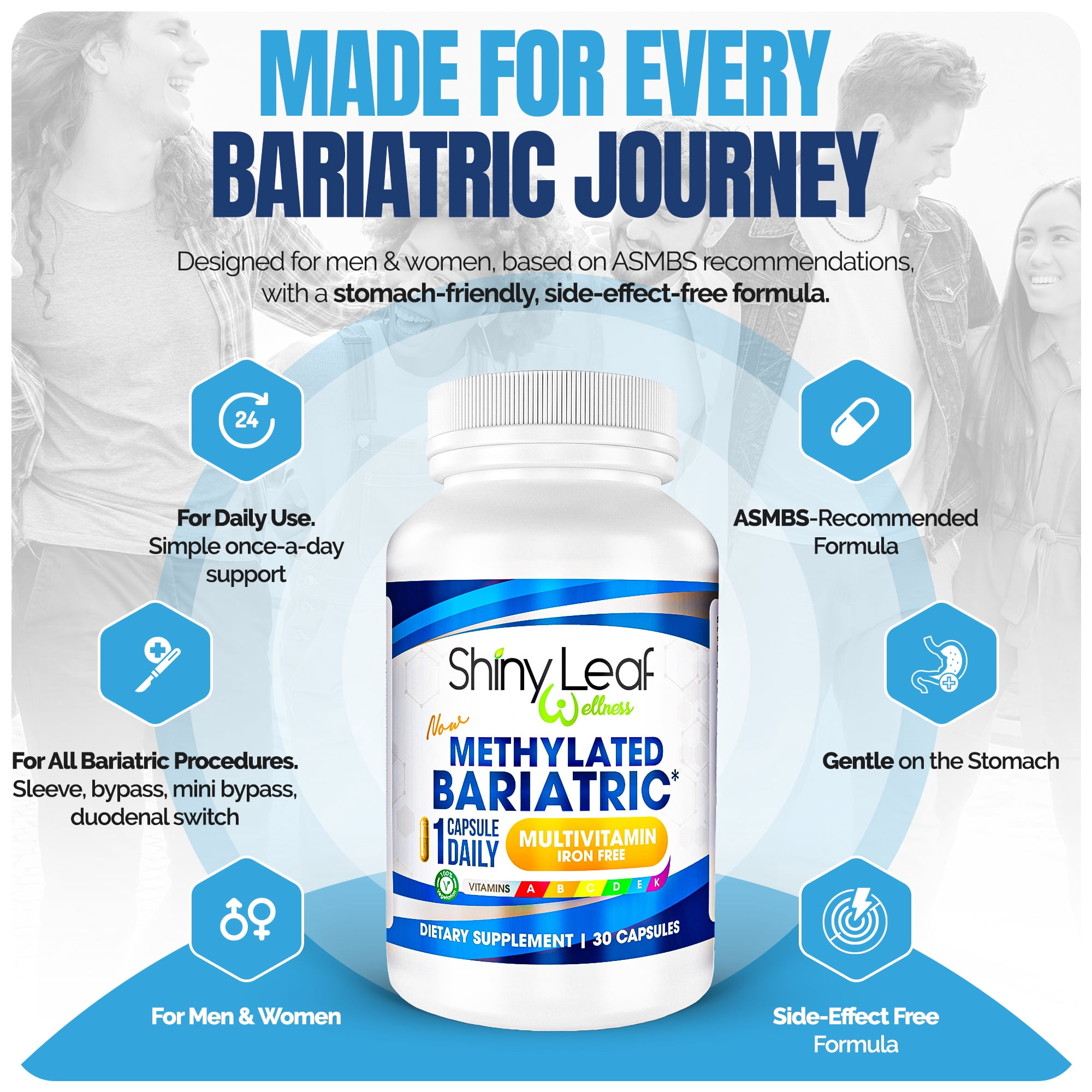 Shiny Leaf Methylated Bariatric Multivitamin Without Iron – 1 Daily Capsule with Methylated Folate & B12, Vitamins A, C, D, Biotin, Zinc, K – For Gastric Bypass & Sleeve – Vegetarian, Soy-Free, 60ct