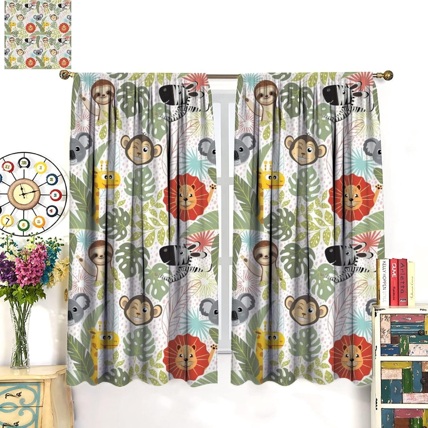 Kids Wildlife Curtains Colorful Cute Cartoon Funny Forest Animals Lion Giraffe Koala Art Print for Kids Bedroom Nursery Decor Rod Pocket Blackout Window Drapes 2 Panels 42x54in