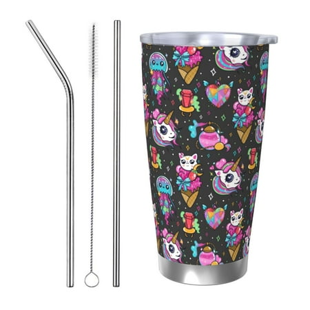 

Ocsxa Rainbow Unicorn And Cat Icecream Pattern 20oz Travel Coffee Mug with Flip Lid Stainless Steel Insulated Insulated Coffee Mug Thermal Cup with Splash Proof Sliding Lid-Straw Three-piece Set