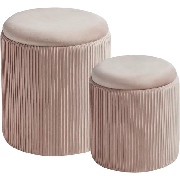 Round Set of 2 Ottoman with Storage-Upholstered Velvet Vanity Stool for Makeup Multifunctional Ottomans Coffee Table Padded Seat Foot Rest for Living Room&Bedroom (Pink)