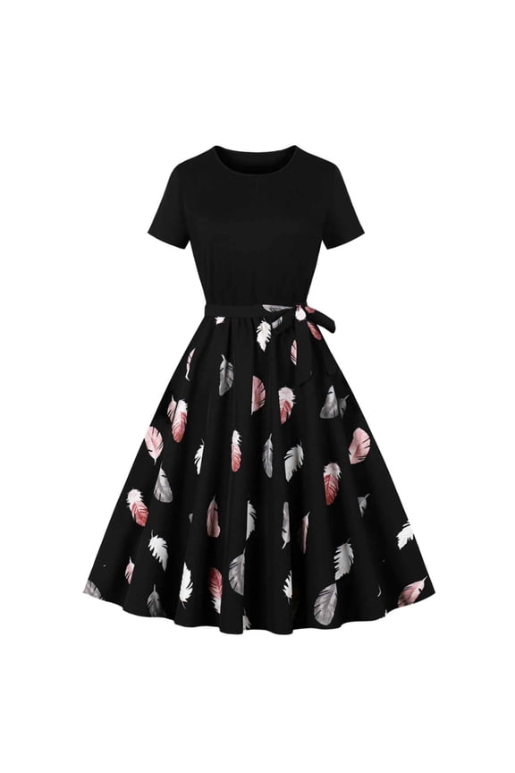 DeHolifer Vintage Dress for Women 1950s Party Print Crewneck Short Sleeve A-line Hepburn Style Cocktail Swing Dresses Black 2XL