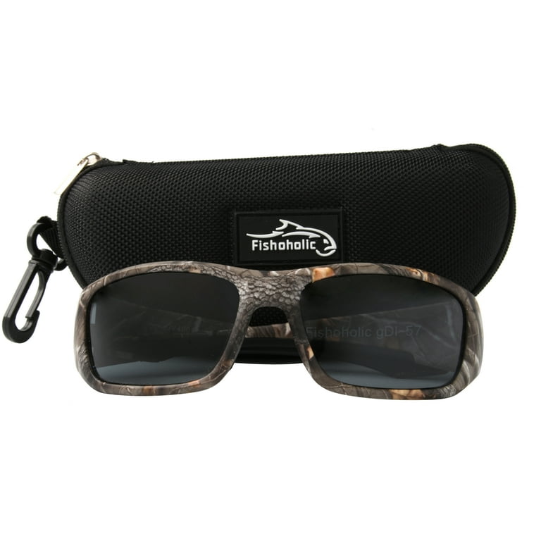 Fishoholic Polarized Fishing Sunglasses (5 Color Options) L/XL - Rubber  Inset - Free Hard Case & Pouch - UV400 Sun Protection - Great Fishing Gift  (CAMO-MB-blk) 