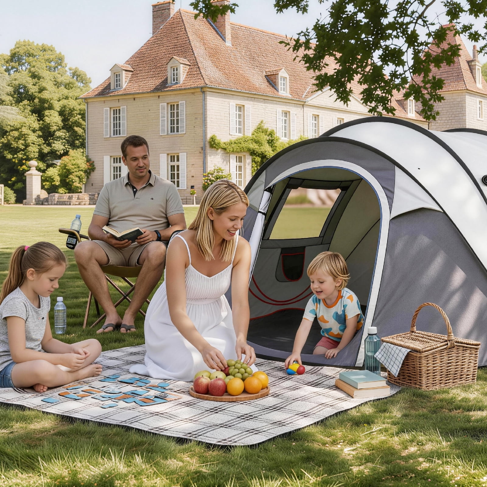 4 Person Pop Up Tent for Camping, Waterproof Instant Family Tent with Front Awning, Automatic Tent Throw Pop Up Instant Flip Pop Tent for Camping, Light Gray