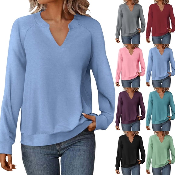 FRSASU Womens Casual Long Sleeve V Neck Sweatshirts Cute Loose Fit Lightweight Pullover Tops Red