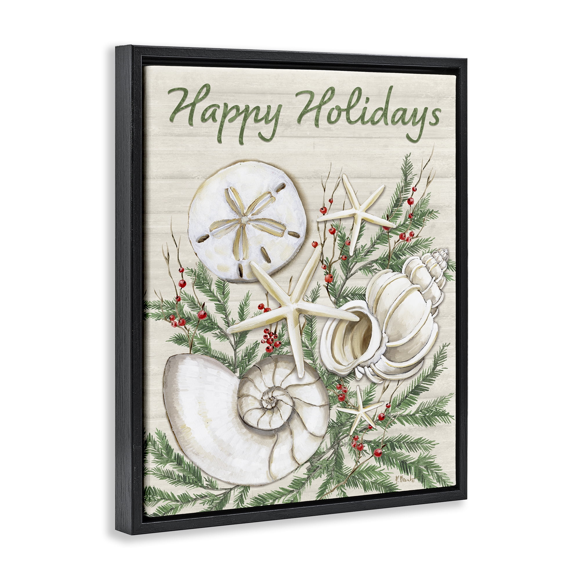 Stupell Industries Holiday Seashells & Holly Holiday Painting Black Floater Framed Canvas Art Print Wall Art, 25 x 31