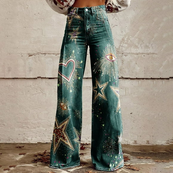 Outfmvch Jeans for Women,Work Pants Women,Stretchy Jeans for Women,Wide Leg Pants High Waist Floral Patterned Pants Fit Trouser Jeans,Sweatpant Jeans,Skinny Jeans Green 4XL