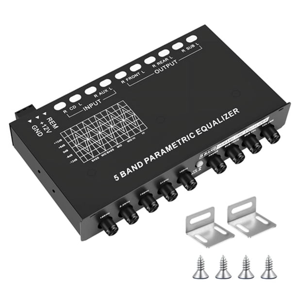 Ecualizador de Audio para AutomóVil de 5 Bandas, Ecualizador GráFico Ajustable para Amplificador de AutomóVil EQ de 5 Bandas con Interruptor de SeleccióN de Entrada CD/AUX, Negro