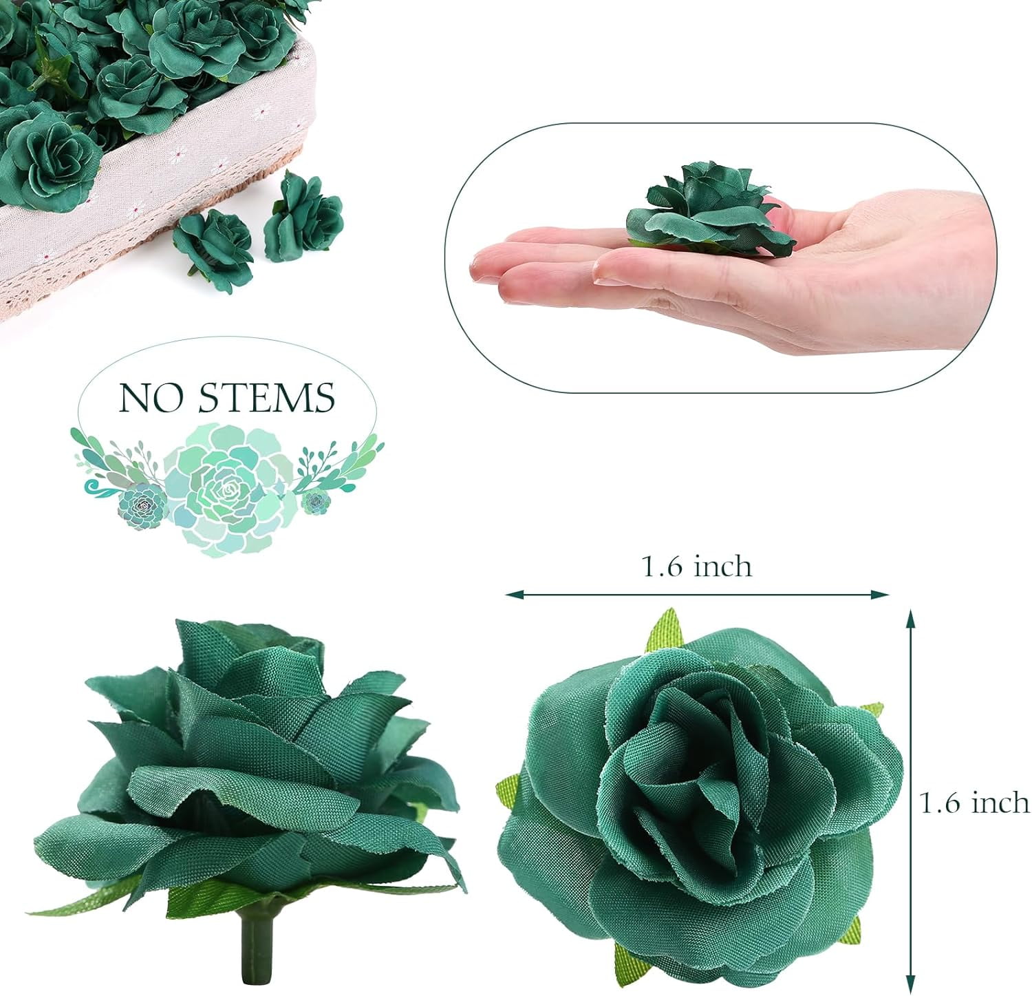 Naler 50 Pcs Green Stemless Roses Artificial Flowers Bulk,1.6" Small Silk Fake Rose Head for Crafts Wedding Centerpieces Party Home Decor